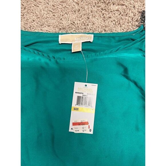 NWT Michael Kors Emerald Green Silver Hardware Strap Dolman Batwing Satin Blouse - Picture 4 of 5